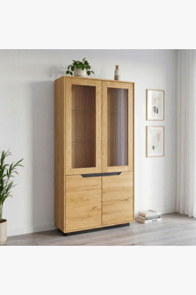 Tölgyfa kétajtós vitrin üveges ajtókkal, natúr tölgy színű